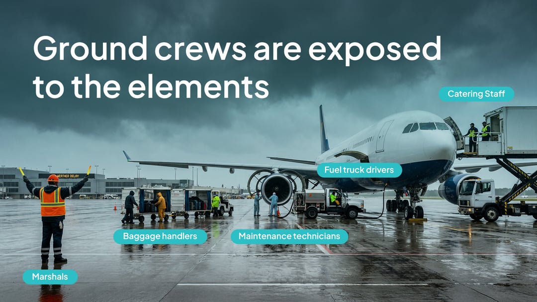 Illustration of the range of different personnel who may be exposed to lightning on open airport tarmac, including marshals, baggage handlers, maintenance technicians, fuel truck drivers, and catering staff